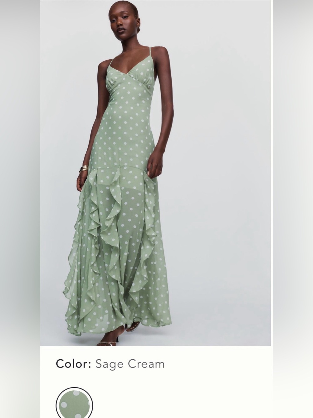 Sage Polka Dot Ruffle Maxi Dress